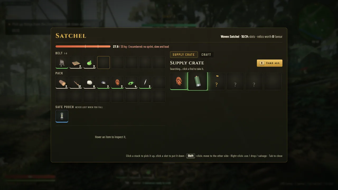 Overgrowth: searching a supply crate from the satchel